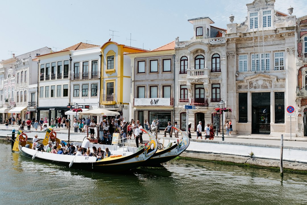 Moliceiro boat travelling along a canal in Aveiro, Portugal